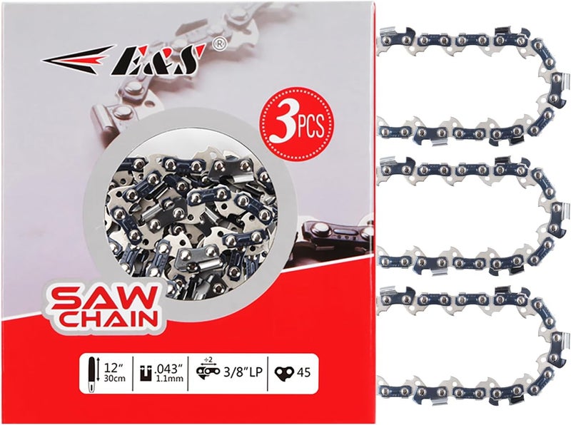 ES 3 Pack 12 Inch Chainsaw Chain 3/8" LP Pitch .043" Gauge 45 Drive Links Semi-Chisel Chain Saw Chains for Husqvarna, Poulan, Craftsman, Greenworks and More Chainsaw Brands - Image 1